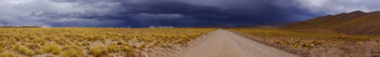 Altiplano Desert landscape in San Pedro de Atacama with a dirt road and dramatic sky.
