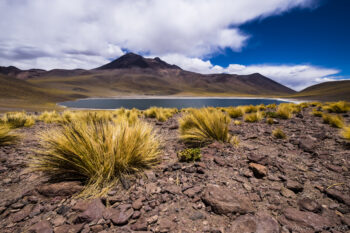 Laguna Miniques Landscape of the Atacama Desert near San Pedro de Atacama, featuring rugged terrain, a mountain, and.