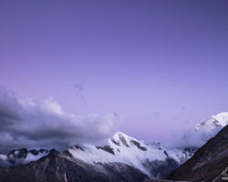 Blue hour on Huascaran and Chopicalqui from Refugio Peru
