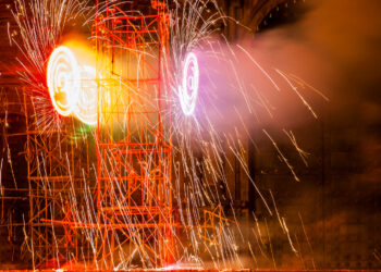 Artisanal fireworks in front of Cusco's cathedral.