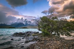 Scenic mountain lake scene featuring a rocky shore, lush trees, and towering peaks under a colorful sky. Mountain lake with rocky shoreline and lush tree, with dramatic mountain peaks in the background.