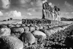 Historic Moai statues on Easter Island, captured in black and white. Moai statues on Easter Island in black and white.